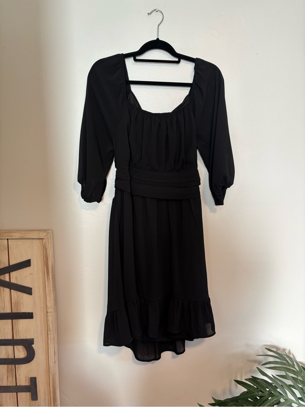 Women's Black Gathered Midi Dress with Belted Waist